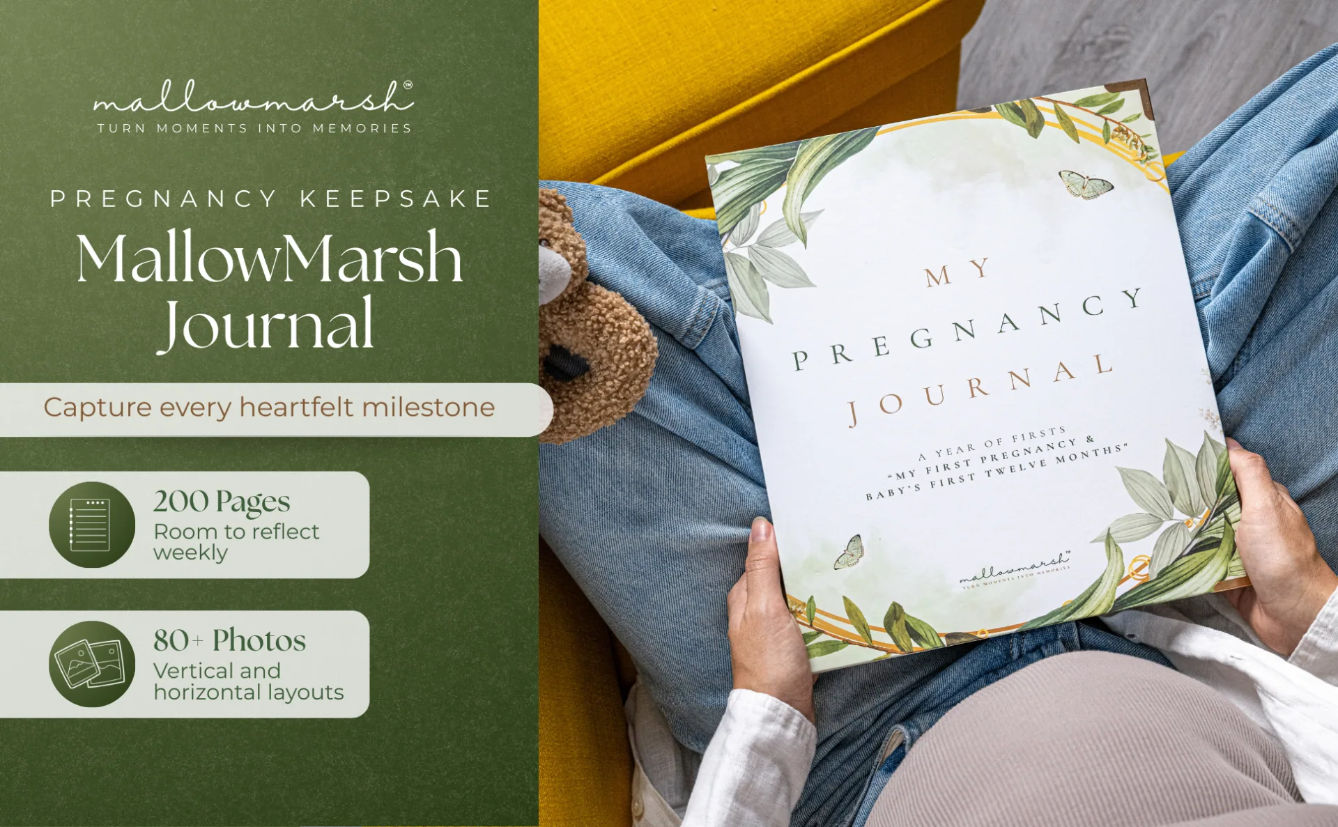 MallowMarsh™ Pregnancy Keepsake Journal — 200 pages with vertical and horizontal photo layouts