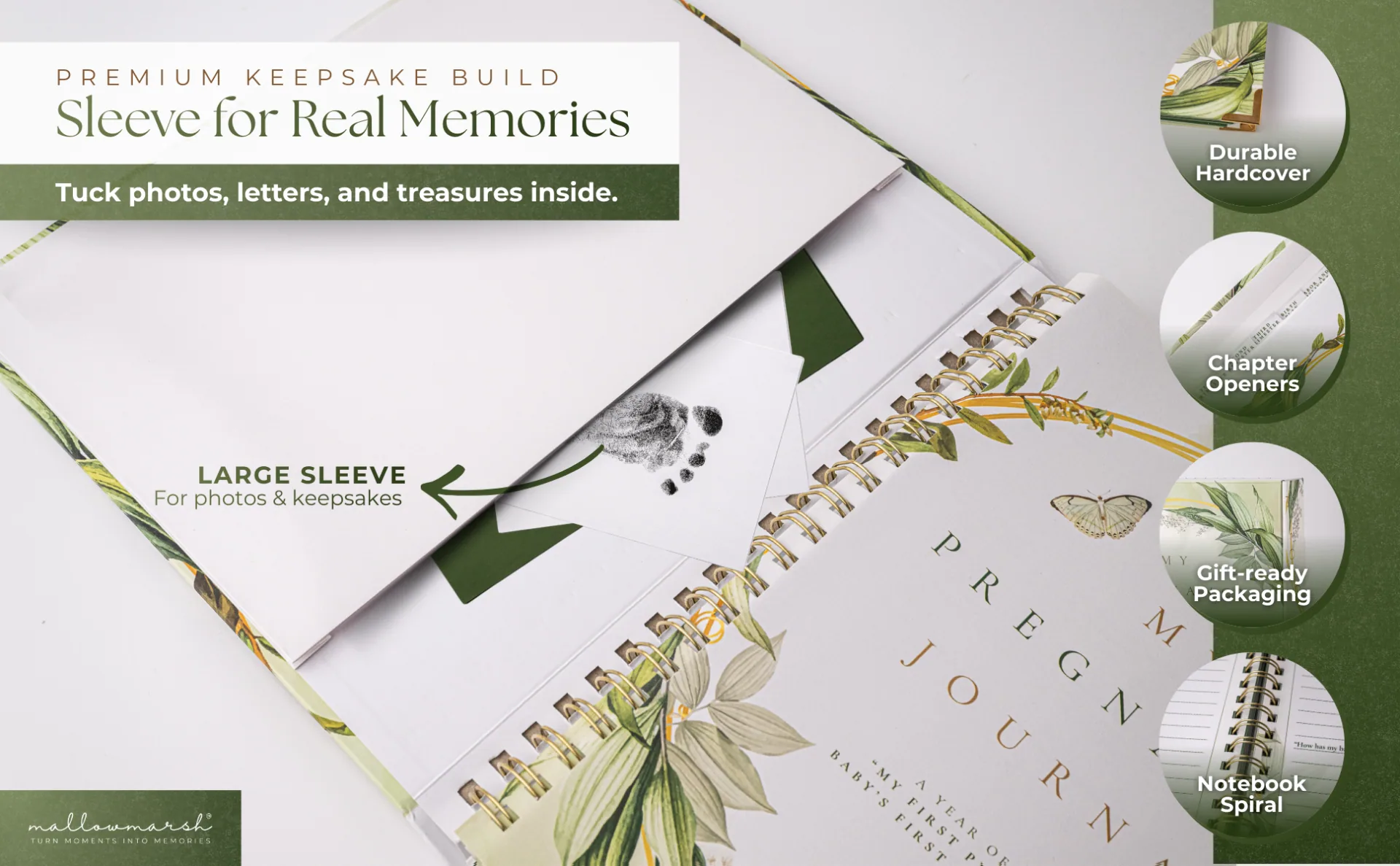 Premium keepsake build with large sleeve for photos, durable hardcover, chapter openers, gift-ready packaging, and notebook spiral