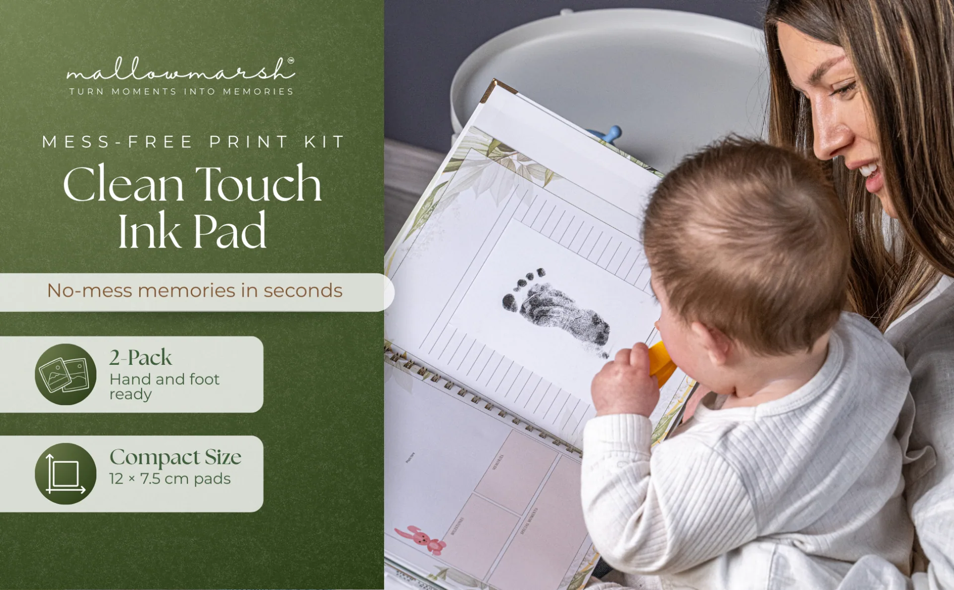 MallowMarsh™ Clean Touch Ink Pad — mess-free print kit, 2-pack hand and foot ready, 12 x 7.5 cm pads