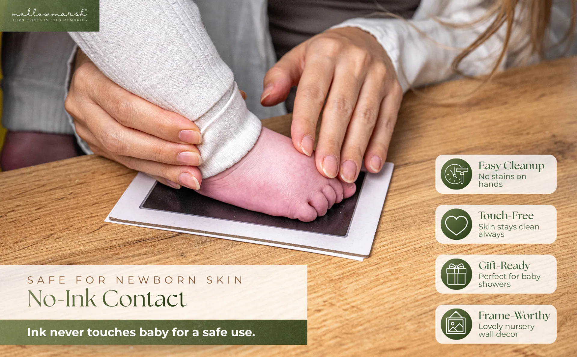 No-ink contact for newborn skin with easy cleanup, touch-free use, gift-ready appeal, and frame-worthy results
